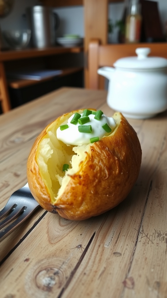 A baked potato topped with sour cream and chives on a wooden table.